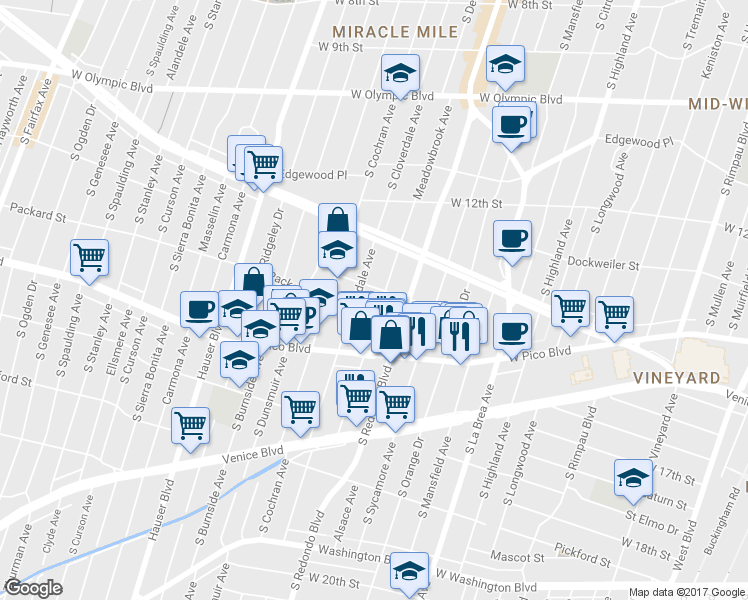 map of restaurants, bars, coffee shops, grocery stores, and more near 1313 Meadowbrook Avenue in Los Angeles