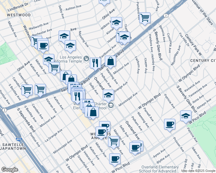 map of restaurants, bars, coffee shops, grocery stores, and more near 1927 Pelham Avenue in Los Angeles