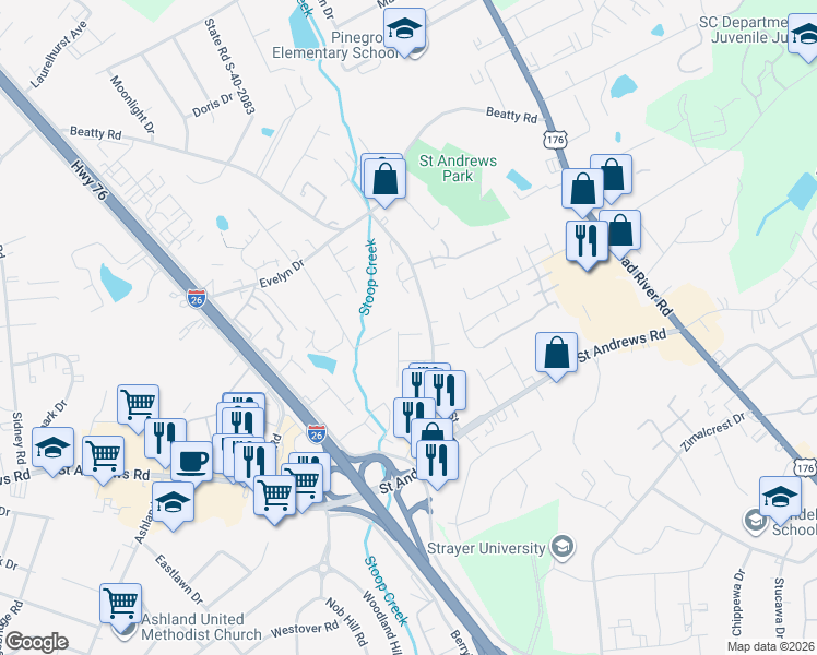 map of restaurants, bars, coffee shops, grocery stores, and more near 3421 Kay Street in Columbia