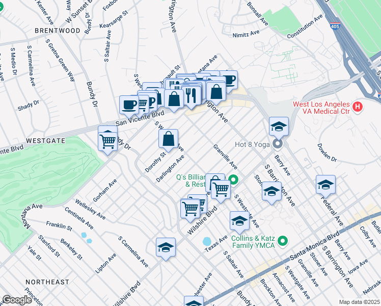 map of restaurants, bars, coffee shops, grocery stores, and more near 11854 Darlington Avenue in Los Angeles