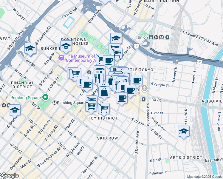 map of restaurants, bars, coffee shops, grocery stores, and more near 200 South Los Angeles Street in Los Angeles