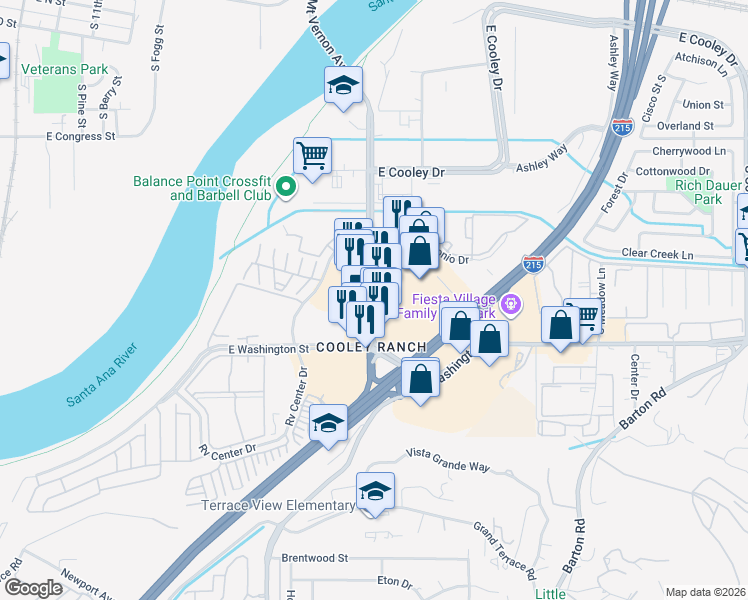 map of restaurants, bars, coffee shops, grocery stores, and more near 1006 Centerpointe Drive in Colton
