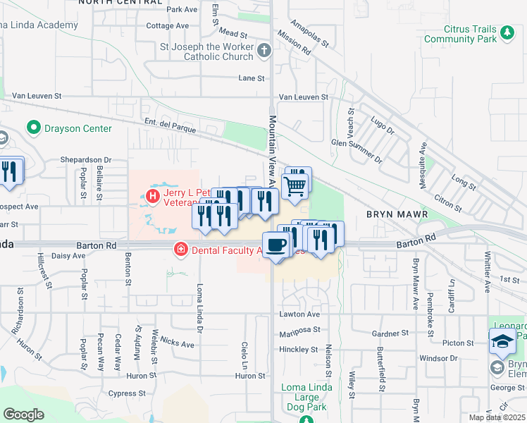 map of restaurants, bars, coffee shops, grocery stores, and more near 25675 Prospect Avenue in Loma Linda