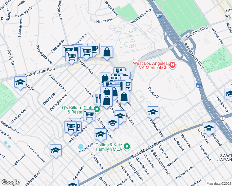 map of restaurants, bars, coffee shops, grocery stores, and more near 1168 South Barrington Avenue in Los Angeles
