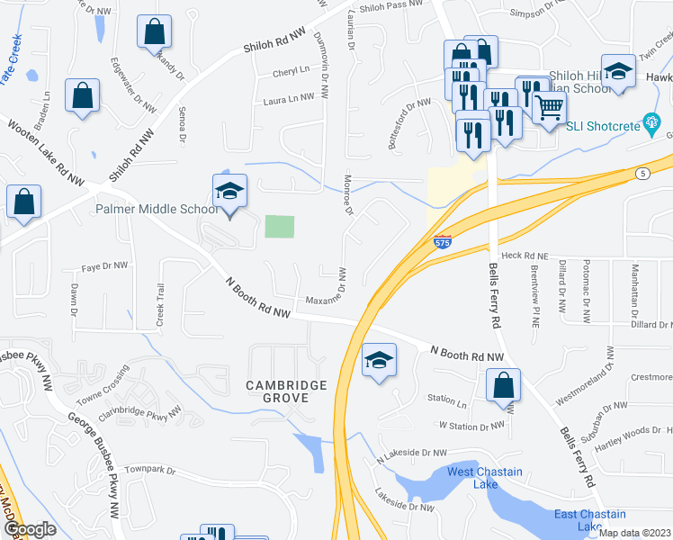 map of restaurants, bars, coffee shops, grocery stores, and more near 450 Maxanne Way Northwest in Kennesaw