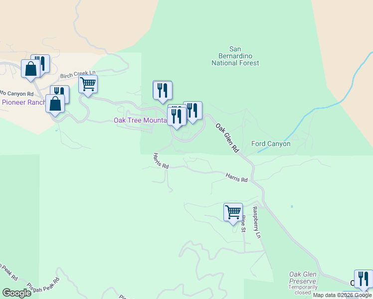 map of restaurants, bars, coffee shops, grocery stores, and more near 39065 Oak Glen Road in Oak Glen