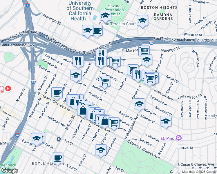 map of restaurants, bars, coffee shops, grocery stores, and more near 2506 Houston Street in Los Angeles