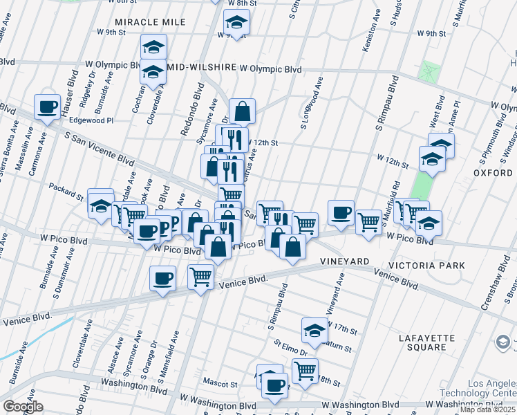 map of restaurants, bars, coffee shops, grocery stores, and more near 1294 South Highland Avenue in Los Angeles