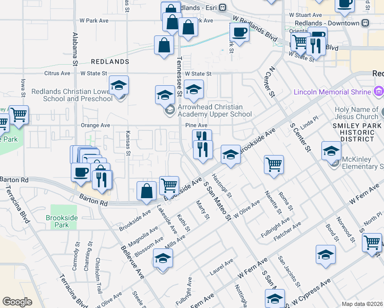 map of restaurants, bars, coffee shops, grocery stores, and more near 16 San Mateo in Redlands
