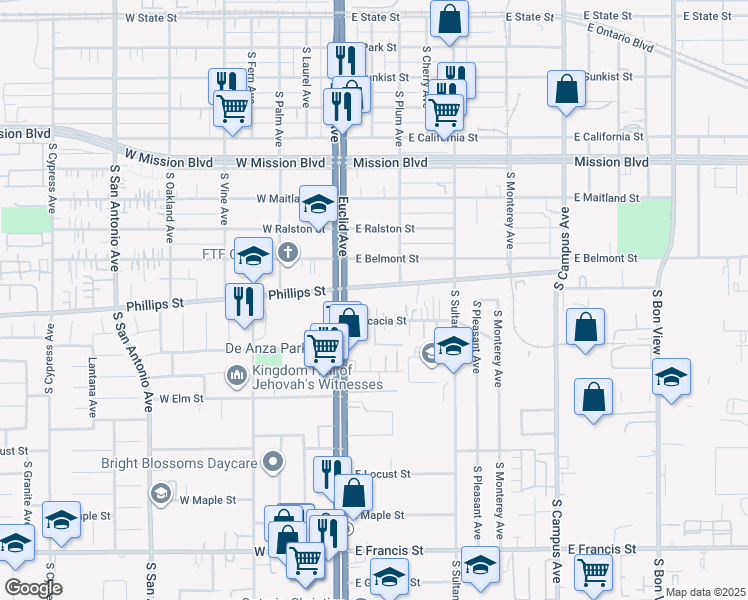 map of restaurants, bars, coffee shops, grocery stores, and more near 200 East Phillips Street in Ontario