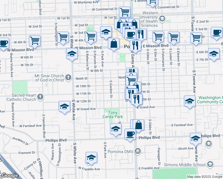 map of restaurants, bars, coffee shops, grocery stores, and more near 1048 South Gordon Street in Pomona