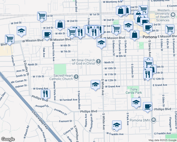 map of restaurants, bars, coffee shops, grocery stores, and more near 1064 Waters Avenue in Pomona