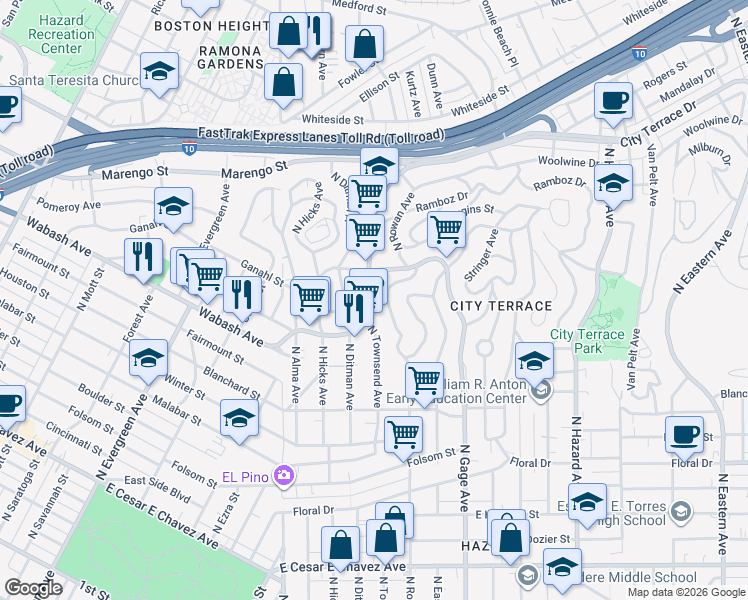 map of restaurants, bars, coffee shops, grocery stores, and more near 1101 1/2 North Rowan Avenue in Los Angeles