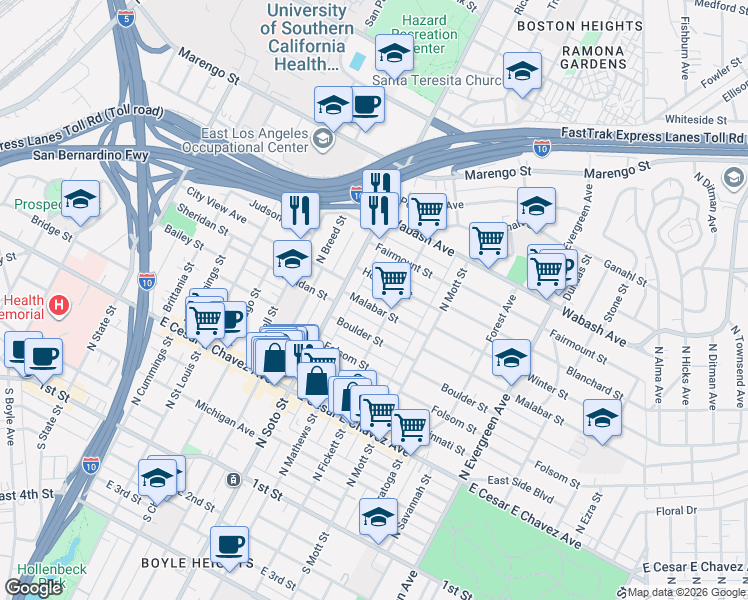 map of restaurants, bars, coffee shops, grocery stores, and more near 2431 Malabar Street in Los Angeles