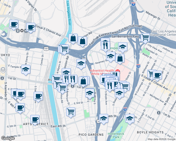 map of restaurants, bars, coffee shops, grocery stores, and more near 1428 Pleasant Avenue in Los Angeles