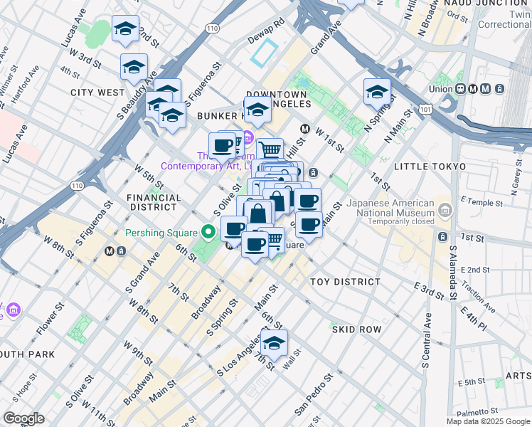 map of restaurants, bars, coffee shops, grocery stores, and more near 351 South Broadway in Los Angeles