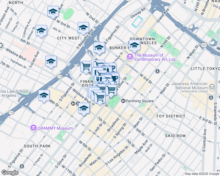 map of restaurants, bars, coffee shops, grocery stores, and more near 512 South Grand Avenue in Los Angeles