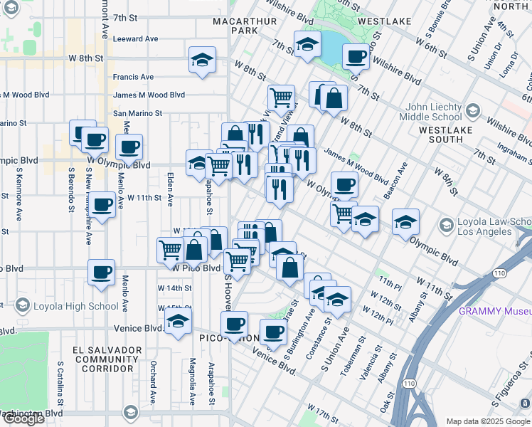 map of restaurants, bars, coffee shops, grocery stores, and more near 1125 South Lake Street in Los Angeles