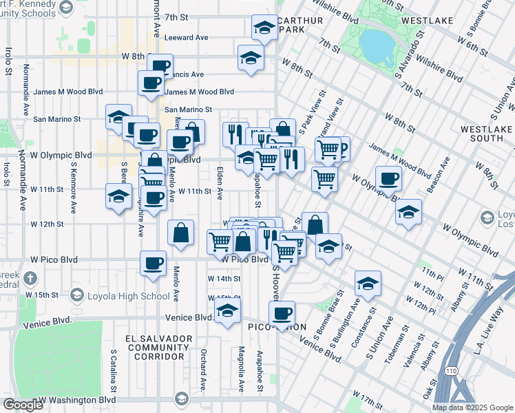 map of restaurants, bars, coffee shops, grocery stores, and more near 1125 Arapahoe Street in Los Angeles