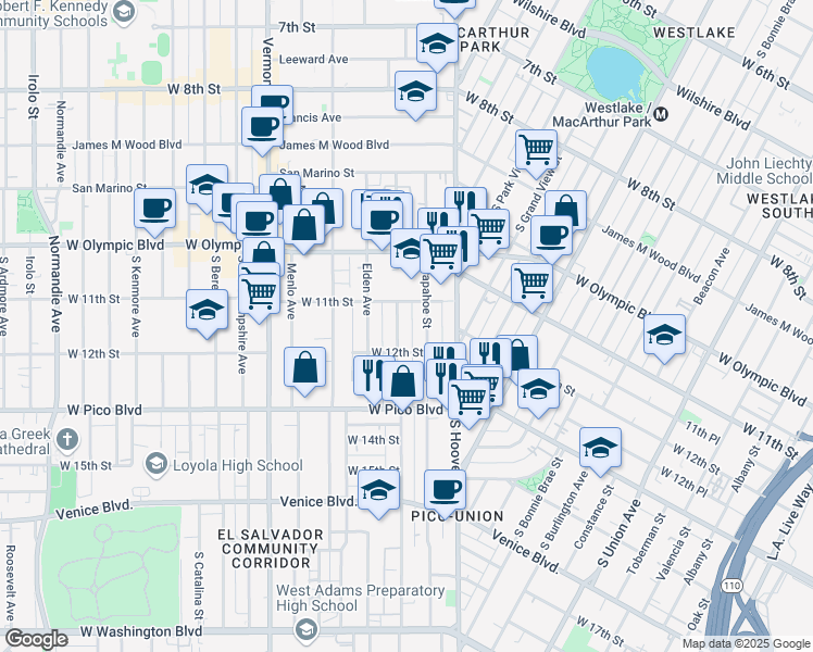 map of restaurants, bars, coffee shops, grocery stores, and more near 1125 Arapahoe Street in Los Angeles