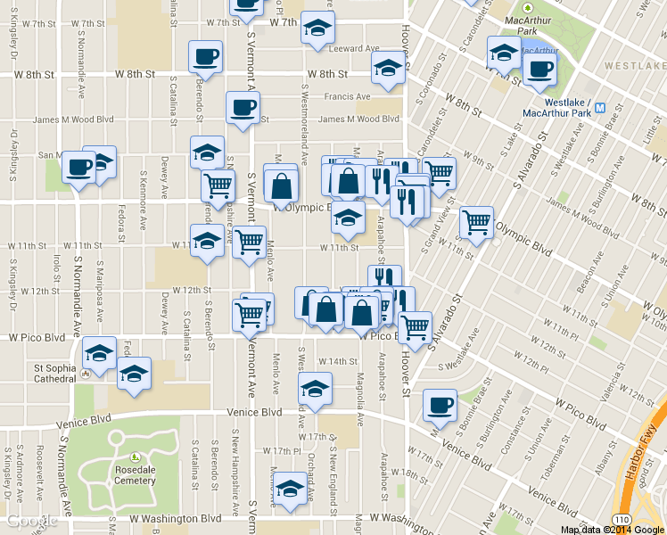 map of restaurants, bars, coffee shops, grocery stores, and more near 1125 Magnolia Avenue in Los Angeles