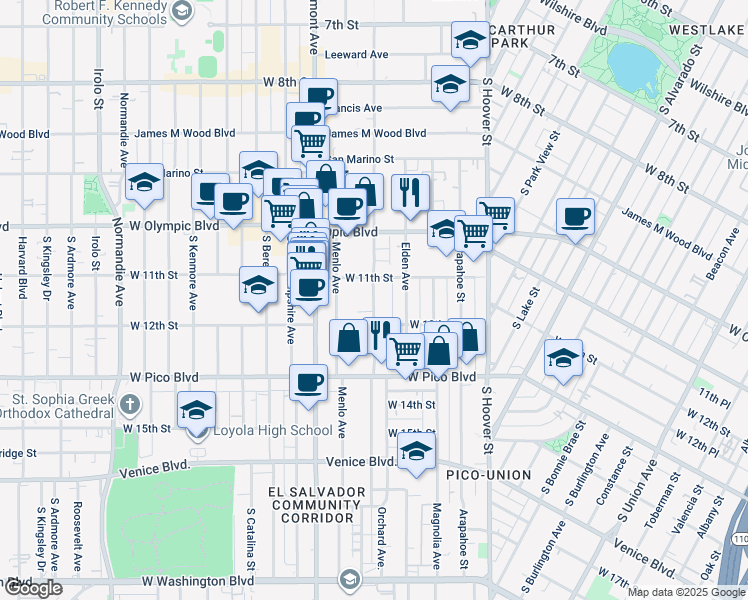 map of restaurants, bars, coffee shops, grocery stores, and more near 1126 South Westmoreland Avenue in Los Angeles