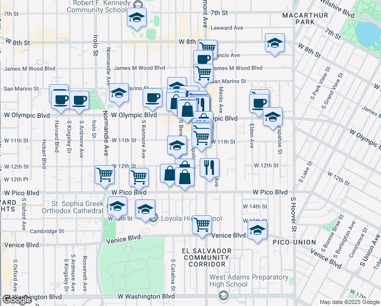 map of restaurants, bars, coffee shops, grocery stores, and more near 1131 South New Hampshire Avenue in Los Angeles