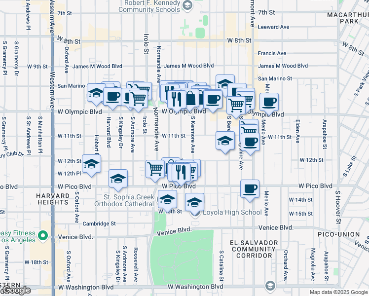 map of restaurants, bars, coffee shops, grocery stores, and more near 1128 South Fedora Street in Los Angeles