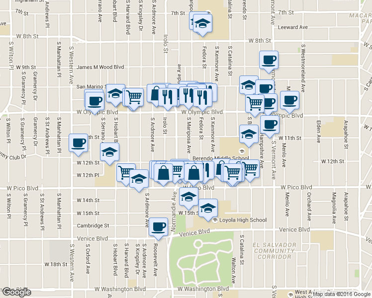 map of restaurants, bars, coffee shops, grocery stores, and more near 1129 South Mariposa Avenue in Los Angeles