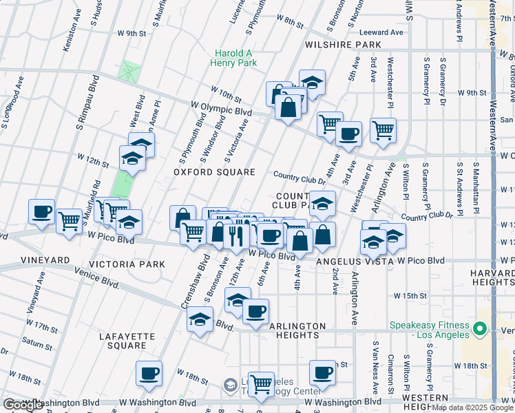 map of restaurants, bars, coffee shops, grocery stores, and more near 1203 South Bronson Avenue in Los Angeles