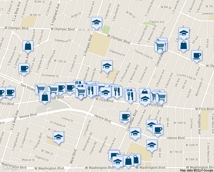 map of restaurants, bars, coffee shops, grocery stores, and more near 1258 Queen Anne Place in Los Angeles