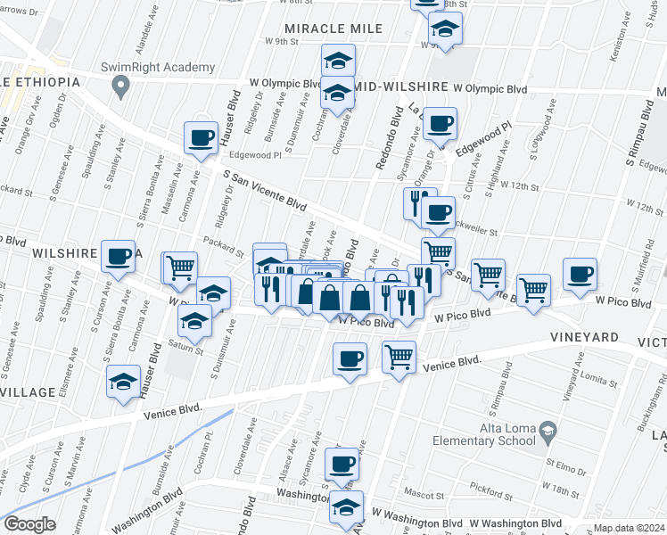 map of restaurants, bars, coffee shops, grocery stores, and more near in Los Angeles