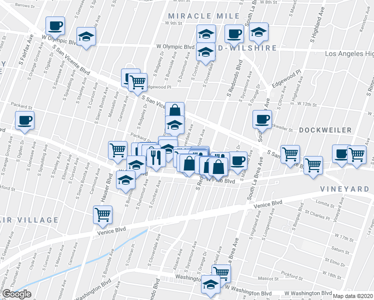 map of restaurants, bars, coffee shops, grocery stores, and more near 1313 Meadowbrook Avenue in Los Angeles