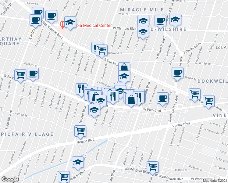 map of restaurants, bars, coffee shops, grocery stores, and more near 5322 Packard Street in Los Angeles