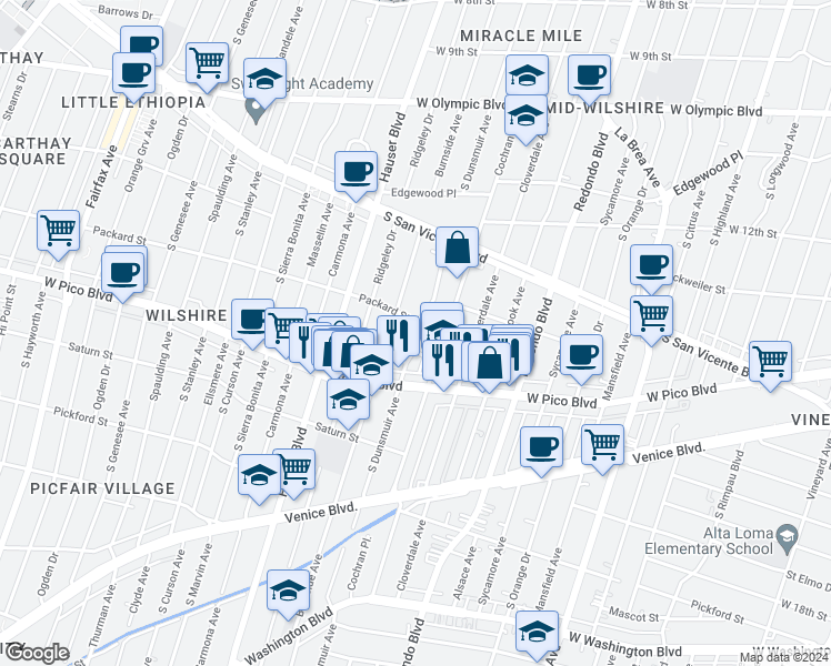 map of restaurants, bars, coffee shops, grocery stores, and more near 5322 Packard Street in Los Angeles