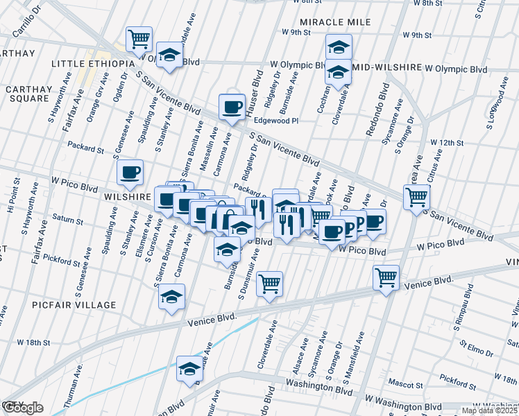 map of restaurants, bars, coffee shops, grocery stores, and more near 1326 South Ridgeley Drive in Los Angeles