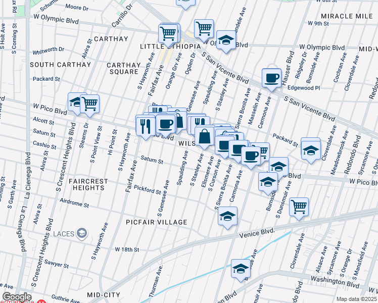 map of restaurants, bars, coffee shops, grocery stores, and more near 5650 West Pico Boulevard in Los Angeles
