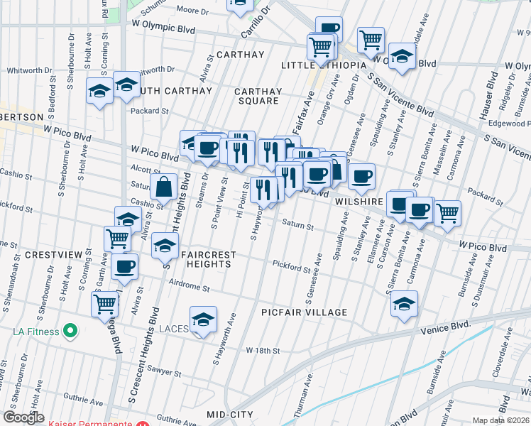 map of restaurants, bars, coffee shops, grocery stores, and more near 1455 South Hayworth Avenue in Los Angeles