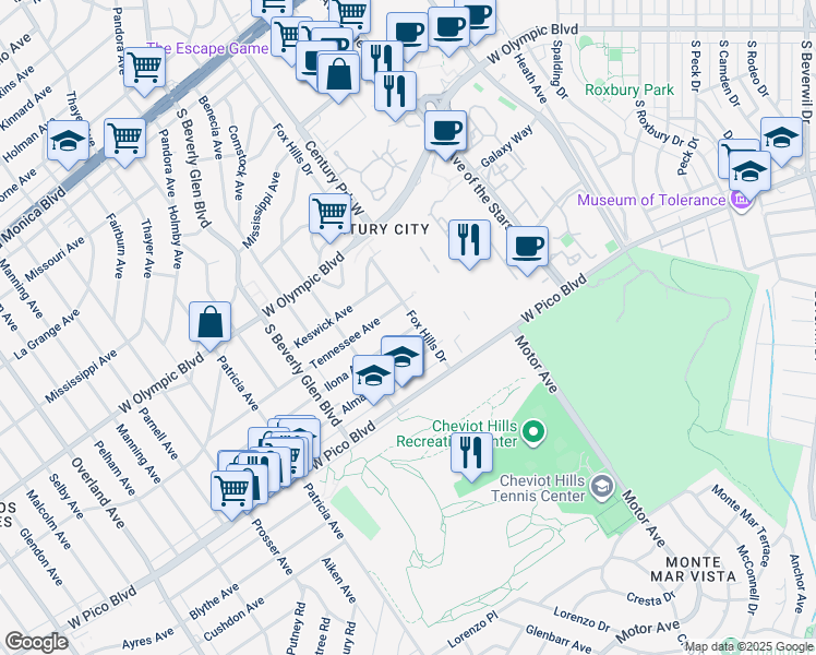 map of restaurants, bars, coffee shops, grocery stores, and more near 2325 Fox Hills Drive in Los Angeles