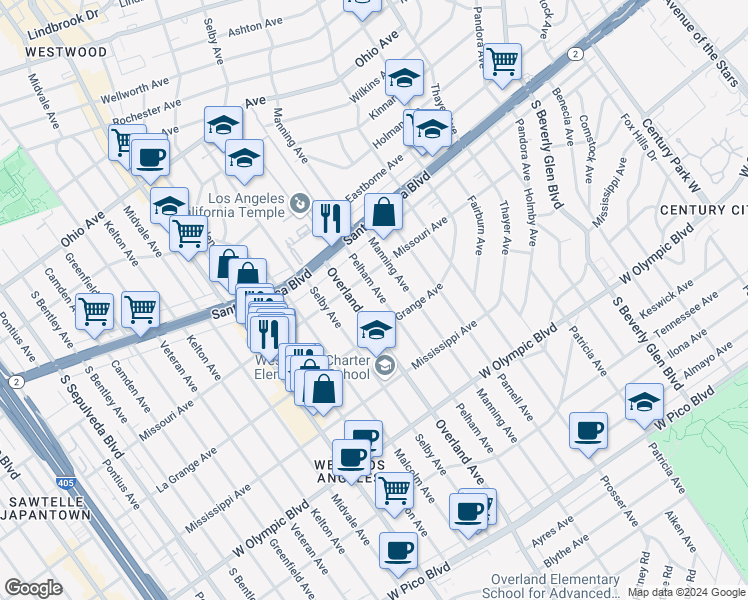 map of restaurants, bars, coffee shops, grocery stores, and more near 1920 Overland Avenue in Los Angeles