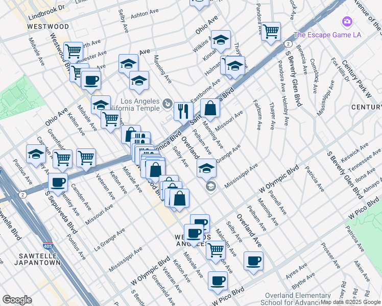 map of restaurants, bars, coffee shops, grocery stores, and more near 10731 Missouri Avenue in Los Angeles