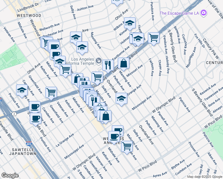 map of restaurants, bars, coffee shops, grocery stores, and more near 10731 Missouri Avenue in Los Angeles