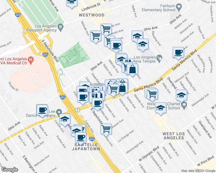 map of restaurants, bars, coffee shops, grocery stores, and more near 1641 Veteran Avenue in Los Angeles