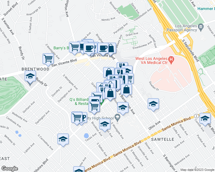 map of restaurants, bars, coffee shops, grocery stores, and more near 11723 Goshen Avenue in Los Angeles