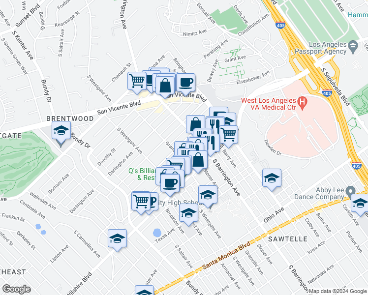 map of restaurants, bars, coffee shops, grocery stores, and more near 11717 Kiowa Avenue in Los Angeles