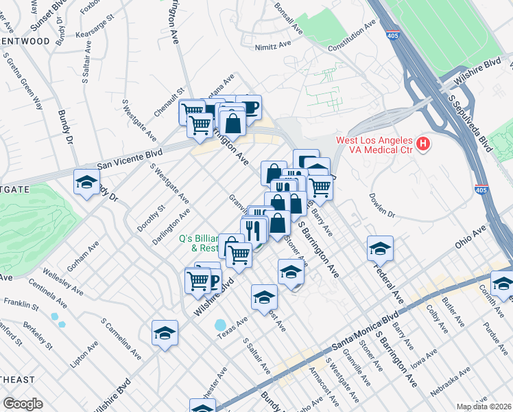 map of restaurants, bars, coffee shops, grocery stores, and more near 11717 Kiowa Avenue in Los Angeles