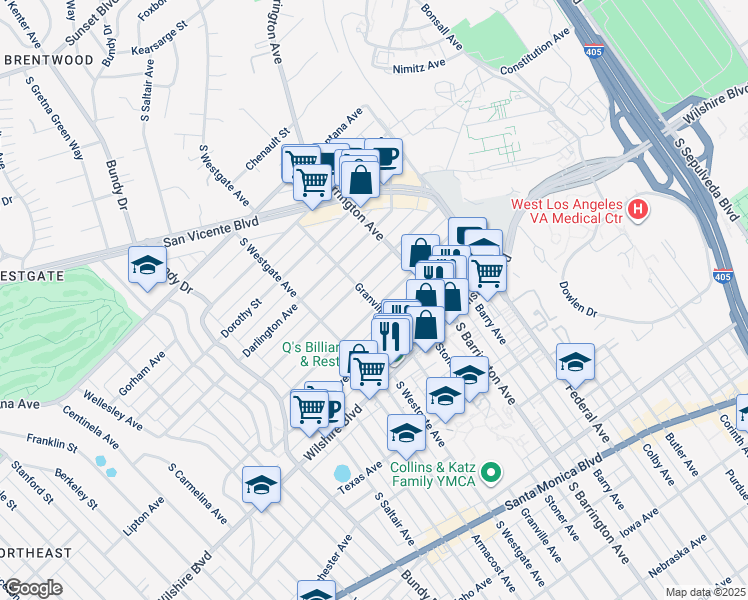 map of restaurants, bars, coffee shops, grocery stores, and more near 11717 Kiowa Avenue in Los Angeles