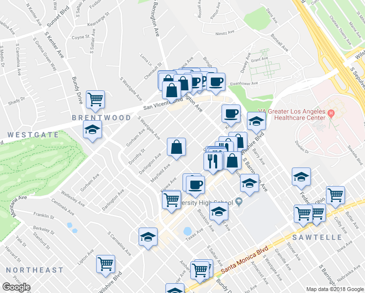map of restaurants, bars, coffee shops, grocery stores, and more near in Los Angeles