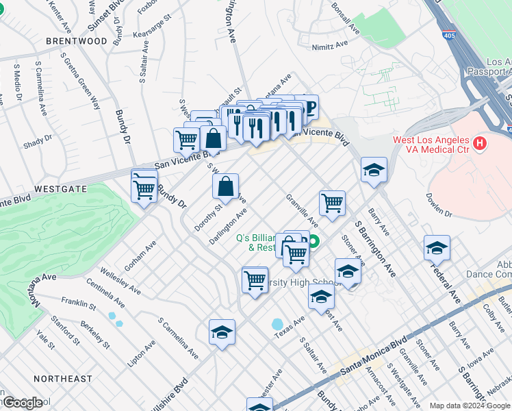 map of restaurants, bars, coffee shops, grocery stores, and more near 11854 Darlington Avenue in Los Angeles