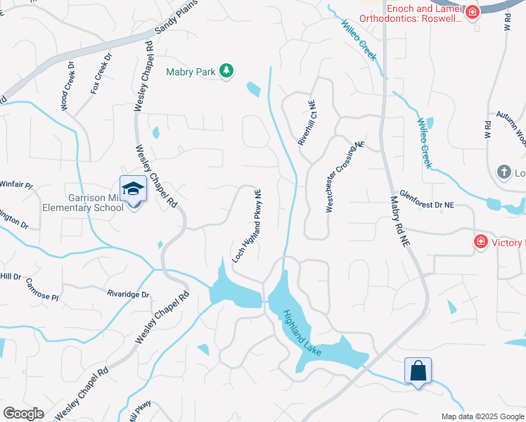 map of restaurants, bars, coffee shops, grocery stores, and more near 4242 Loch Highland Parkway Northeast in Roswell